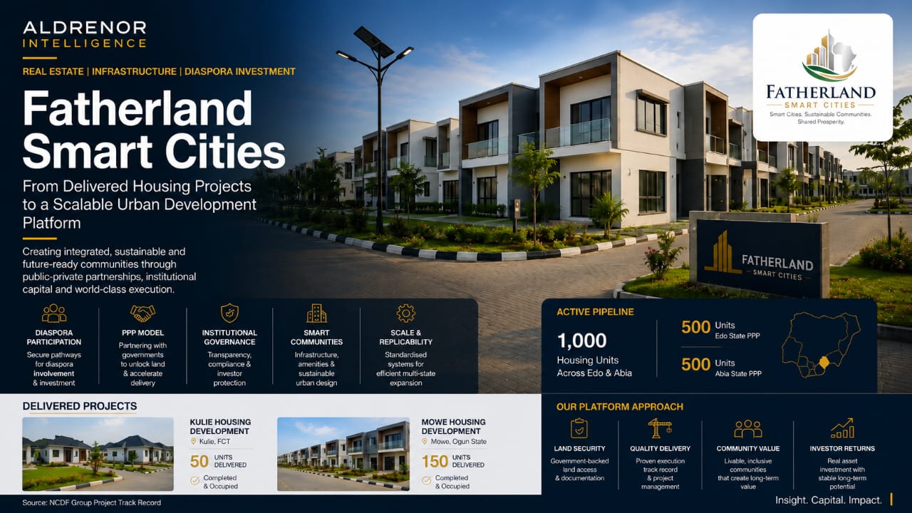 Fatherland Smart Cities, NCDF Group, Affordable Housing, Diaspora Housing, PPP Housing, Kuje Housing, Mowe Housing, Edo PPP, Abia PPP, Real Assets